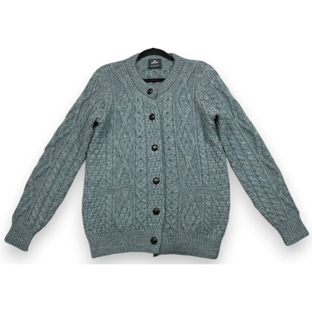 Aran Woollen Mills Cardigan Sweater Womens L Blue 100% Wool Cable Knit Irish
